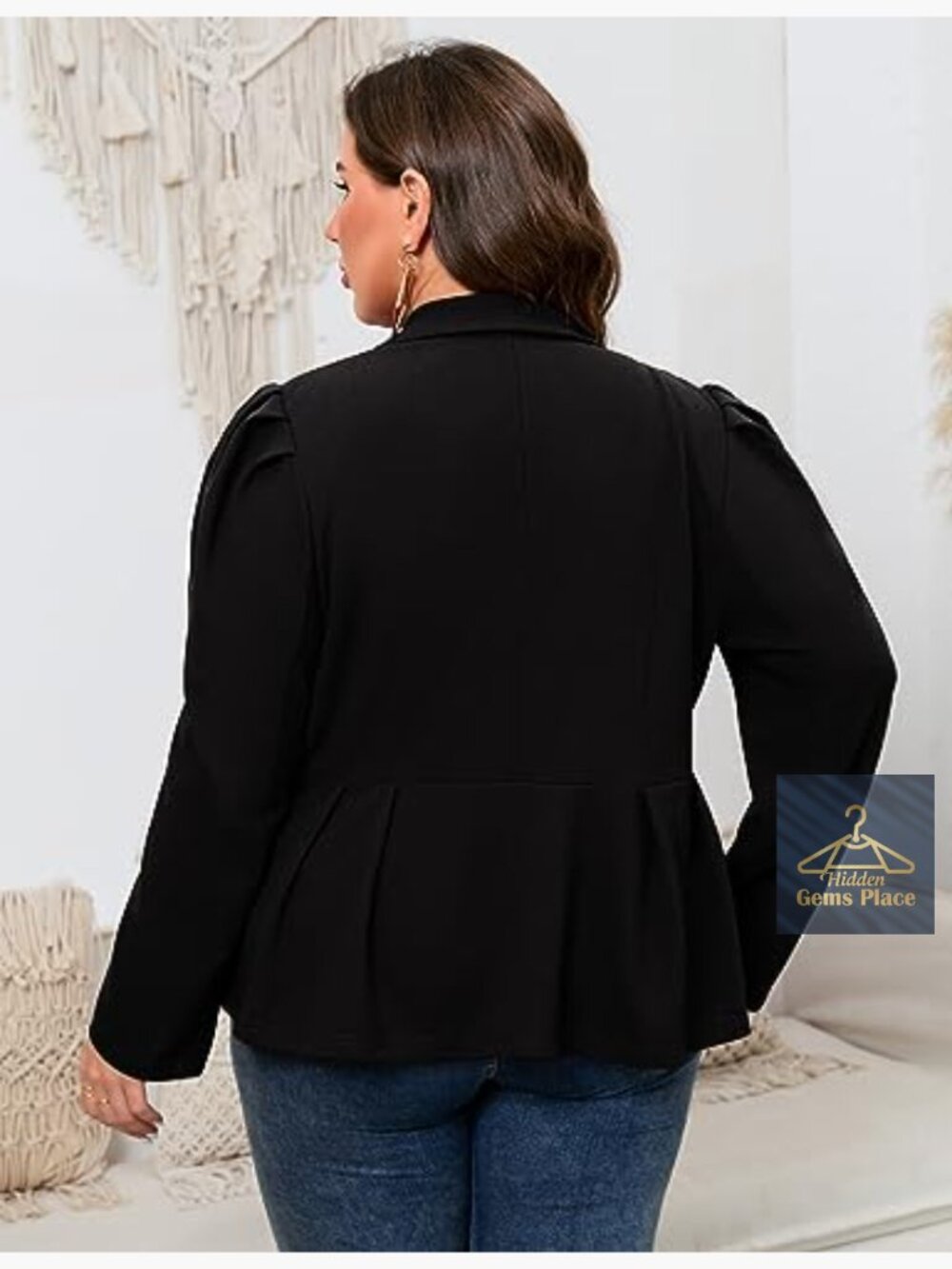 Plus Size Curve-Hugging Peplum Knit Blazer with Shawl Lapel & Puff Shoulders - Picture 4 of 6